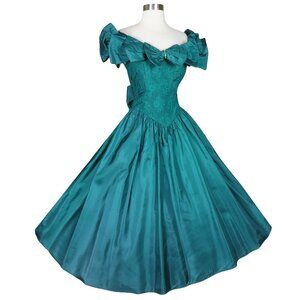 Vintage 80s 90s Teal Blue Green Lace Bow Ruffle Full Skirt Prom Party Dress XS